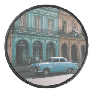 Vintage Teal Classic Car Old Havana Cuba Colonial Hockey Puck