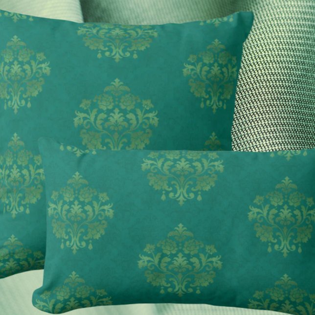 Vintage Teal Damask Gold Medallians Throw Pillow (Antique teal damask elegance!)