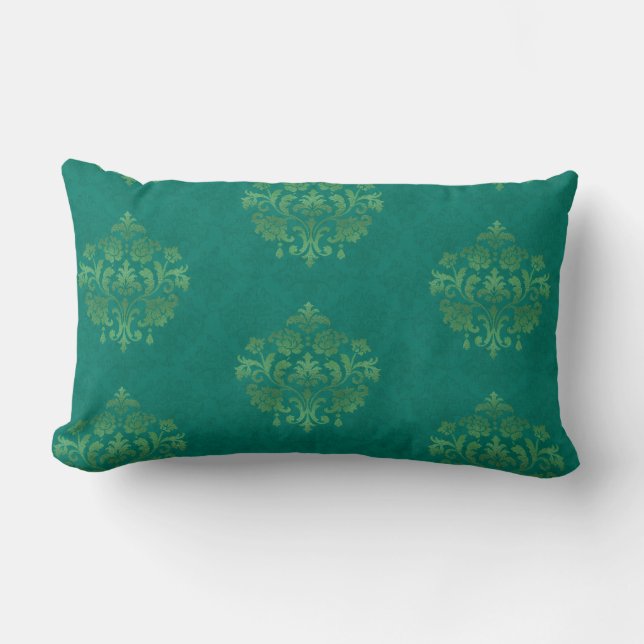 Vintage Teal Damask Gold Medallians Throw Pillow (Front)