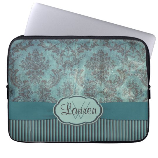 Vintage teal damask monogram laptop sleeve