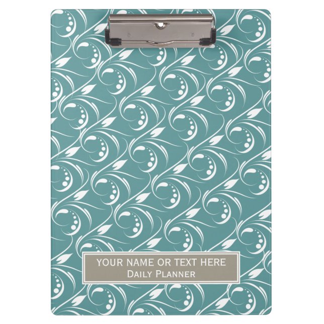 Vintage Teal Flourish Abstract Leaf Swirl Pattern Clipboard (Front)