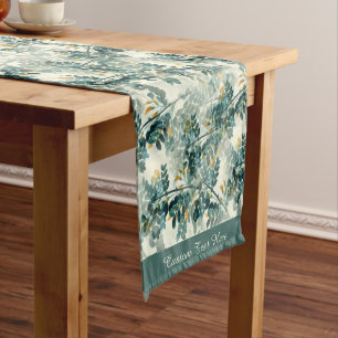 Vintage Teal Foliage Leaves Elegant Chic Design Short Table Runner