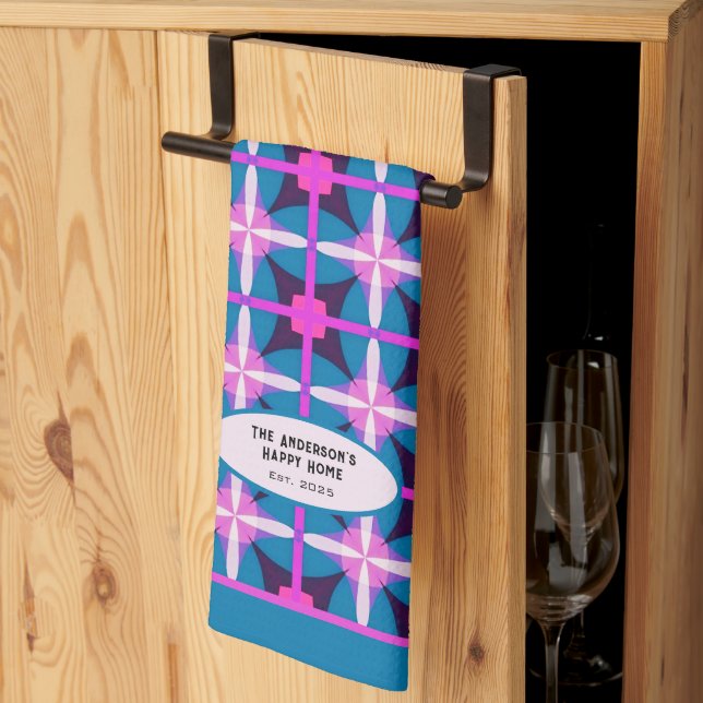 Vintage Teal Fuchsia Eggplant Geometric Pattern  Tea Towel (Thirds Fold)