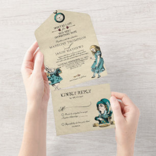 Vintage Teal Gold Alice in Wonderland Wedding All In One Invitation