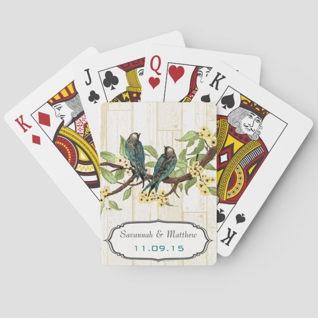 Vintage Teal Love Bird Wedding Gift Playing Card (Back)