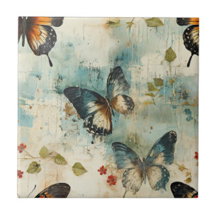 Vintage Teal Orange Butterfly Botanical Ceramic Tile