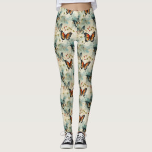 Vintage Teal Orange Butterfly Botanical Leggings
