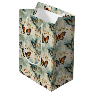 Vintage Teal Orange Butterfly Botanical Medium Gift Bag