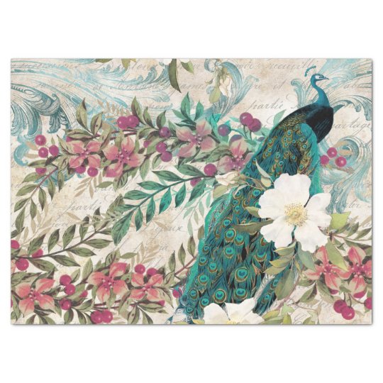 Vintage Teal Peacock and Pink Floral Decoupage Tissue Paper | Zazzle.com.au