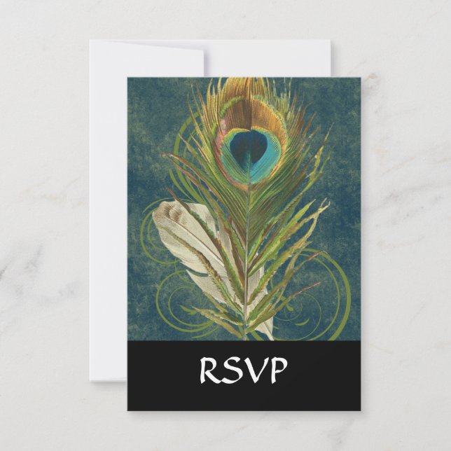 Vintage Teal Peacock Feather RSVP Card (Front)