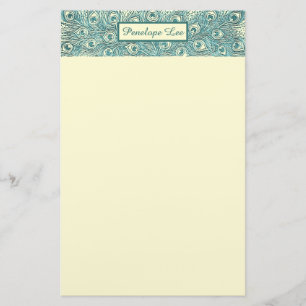 Vintage Teal Peacock Feathers Header and Your Name Stationery