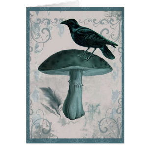 Vintage Teal Raven Mushroom Card