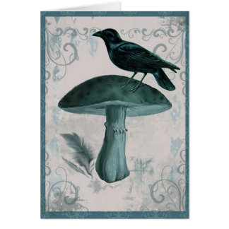 Vintage Teal Raven Mushroom Card