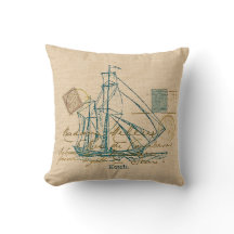 Vintage Teal Sailing Ship Nautical Pillow