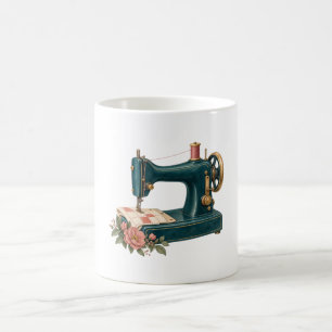 Vintage Teal Sewing Machine with Rose Florals Coffee Mug