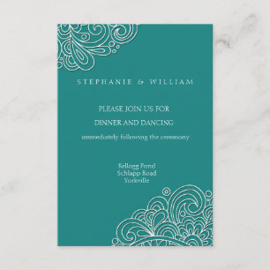 Vintage Teal Swirl Damask Wedding Reception Card