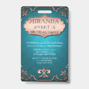 Vintage Teal Tan Scroll Sweet 16 Birthday Party ID Badge