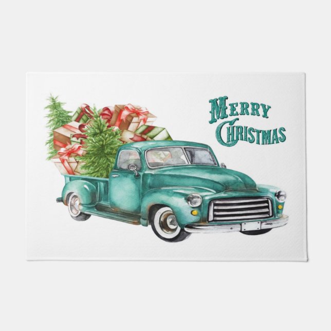Vintage Teal Truck Presents Christmas Tree  Doormat (Front)