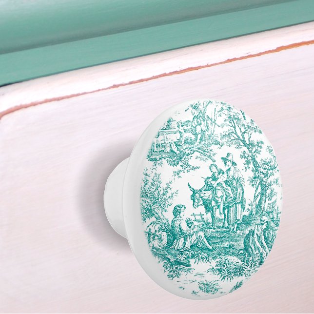 Vintage teal turquoise de jouy printed  ceramic knob (Creator Uploaded)