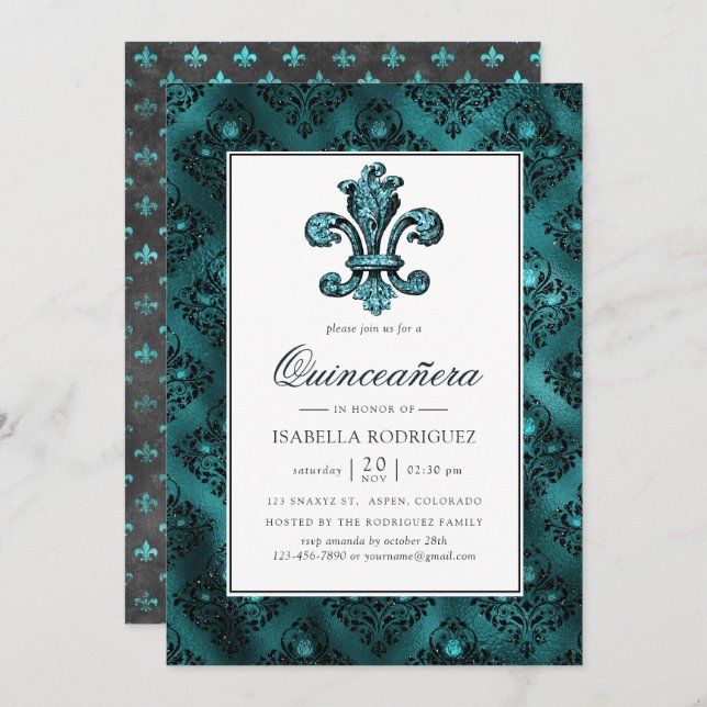 Vintage Teal - Turquoise Fleur de Lis Quinceañera Invitation (Front/Back)