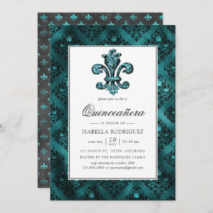 Vintage Teal - Turquoise Fleur de Lis Quinceañera Invitation