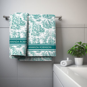 Vintage Teal Turquoise French Toile de Jouy Bath Towel Set