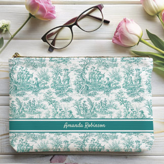 Vintage teal turquoise toile de jouy printed accessory pouch
