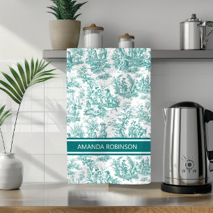 Vintage teal turquoise toile de jouy printed tea towel