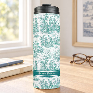 Vintage teal turquoise toile de jouy printed thermal tumbler