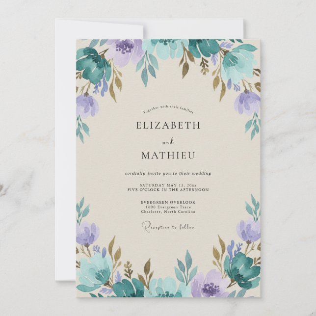 Vintage Teal Violet Painted Wedding Invitation (Front)