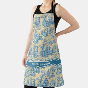 Vintage Teal Yellow French Toile de Jouy Apron