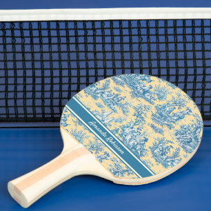 Vintage teal yellow toile de jouy printed ping pong paddle