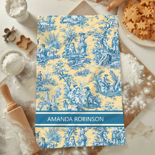 Vintage teal yellow toile de jouy printed tea towel