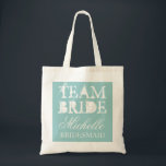 Vintage team bride wedding tote bags | Teal blue<br><div class="desc">Vintage team bride wedding tote bag with personalized name. Vintage chic style design. Customize for bridesmaids,  flower girls,  maid of honor,  mother of the bride,  guests etc. Elegant script text for name. Teal turquoise blue color.</div>