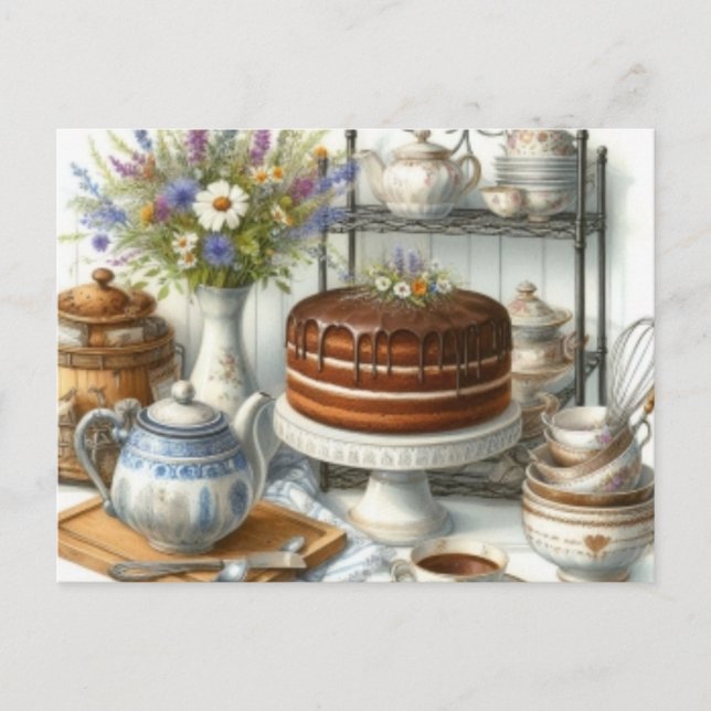 Vintage Teapot and Cake Tea Time Postcard (Front)