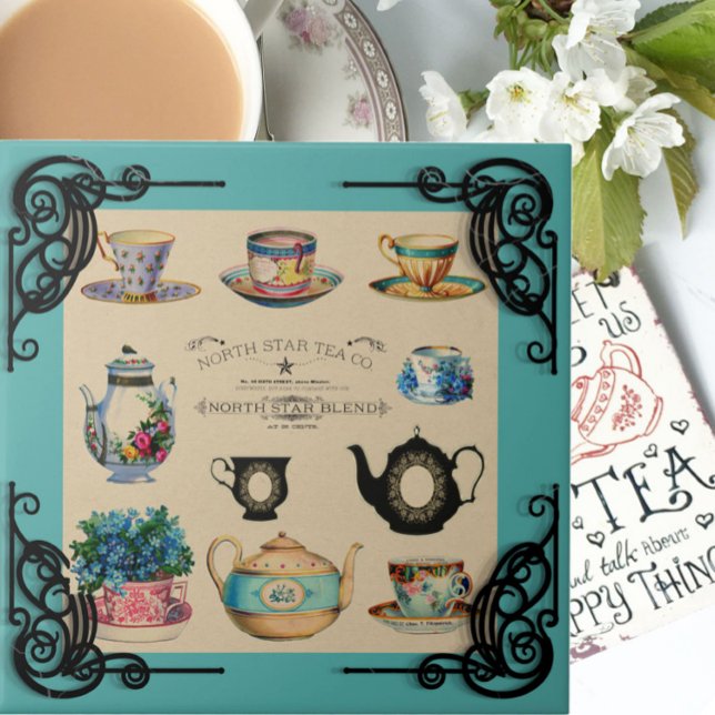 Vintage teapot and teacup advertisement teal brown ceramic tile (Creator Uploaded)