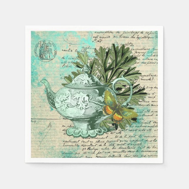 Vintage Teapot & Ephemera Collage Napkin (Front)