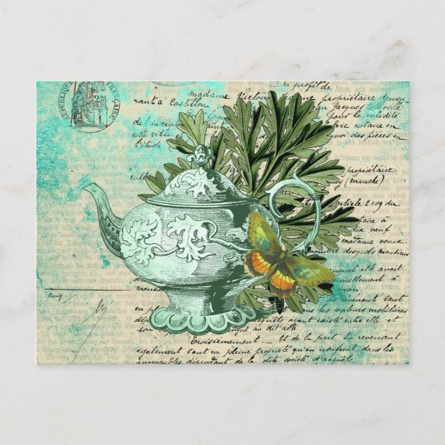 Vintage Teapot & Ephemera Collage Postcard (Front)
