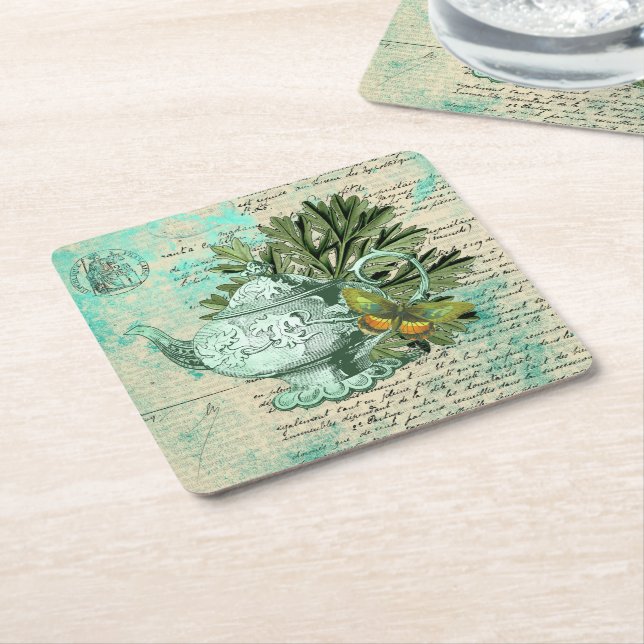 Vintage Teapot & Ephemera Collage Square Paper Coaster (Angled)