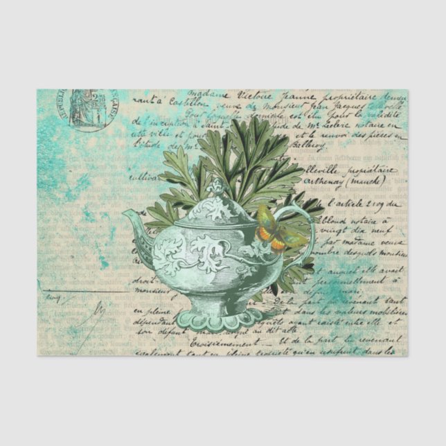 Vintage Teapot & Ephemera Collage Tissue Paper (Front)