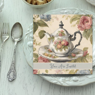 Vintage Teapot  Floral Bridal Shower Tea Party  Invitation