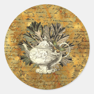 Vintage Teapot & Golden Ephemera   Classic Round Sticker
