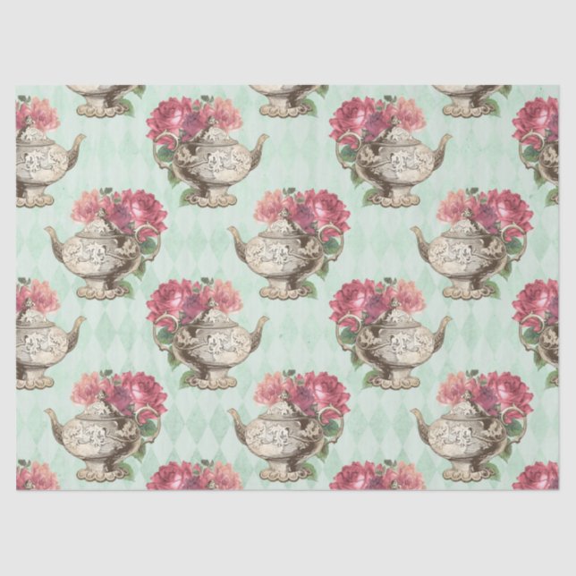 Vintage Teapots and Roses Decoupage Tissue Paper (Front)