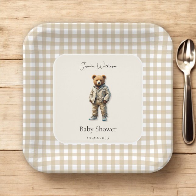 Vintage Teddy  Baby Shower Paper Plate (modern vintage baby shower paper plates , with a vintage bear on a beigh gingham neutral design )