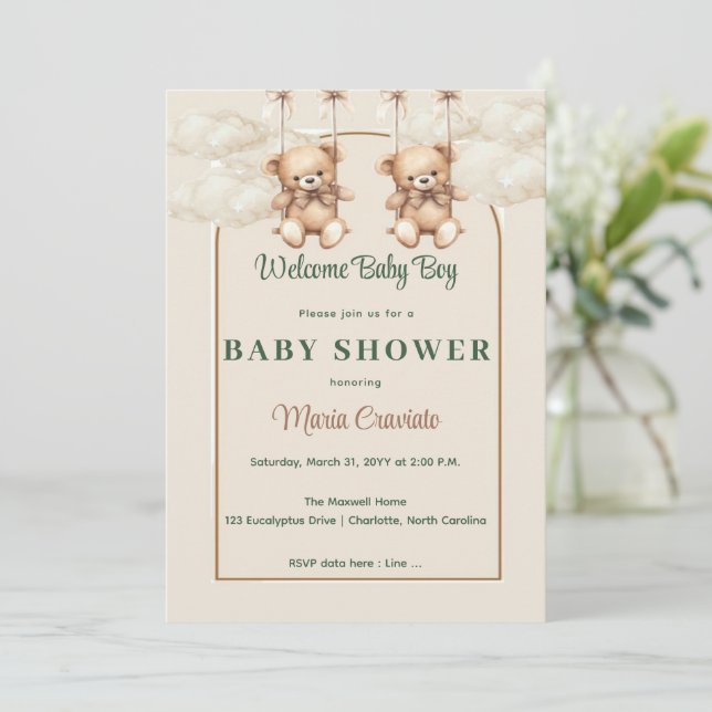 Vintage Teddy Bear Baby Shower Invitation (Standing Front)