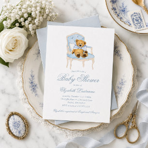 Vintage Teddy Bear Blue Bow Baby Shower Invitation