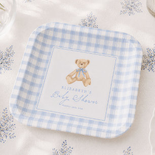 Vintage Teddy Bear Blue Gingham Baby Shower Paper Plate