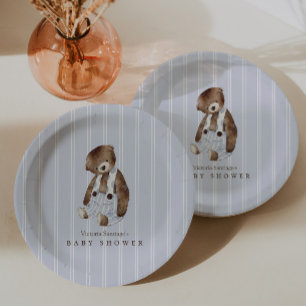 Vintage Teddy Bear Blue Pinstripe Paper Plate