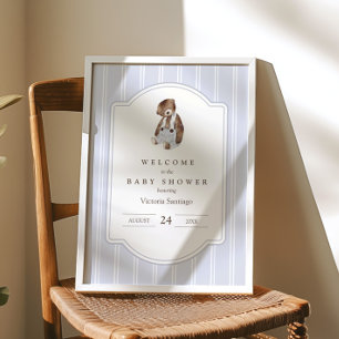 Vintage Teddy Bear Blue Pinstripe Welcome Sign