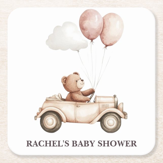 Vintage Teddy Bear Car Baby Shower Coaster (Front)